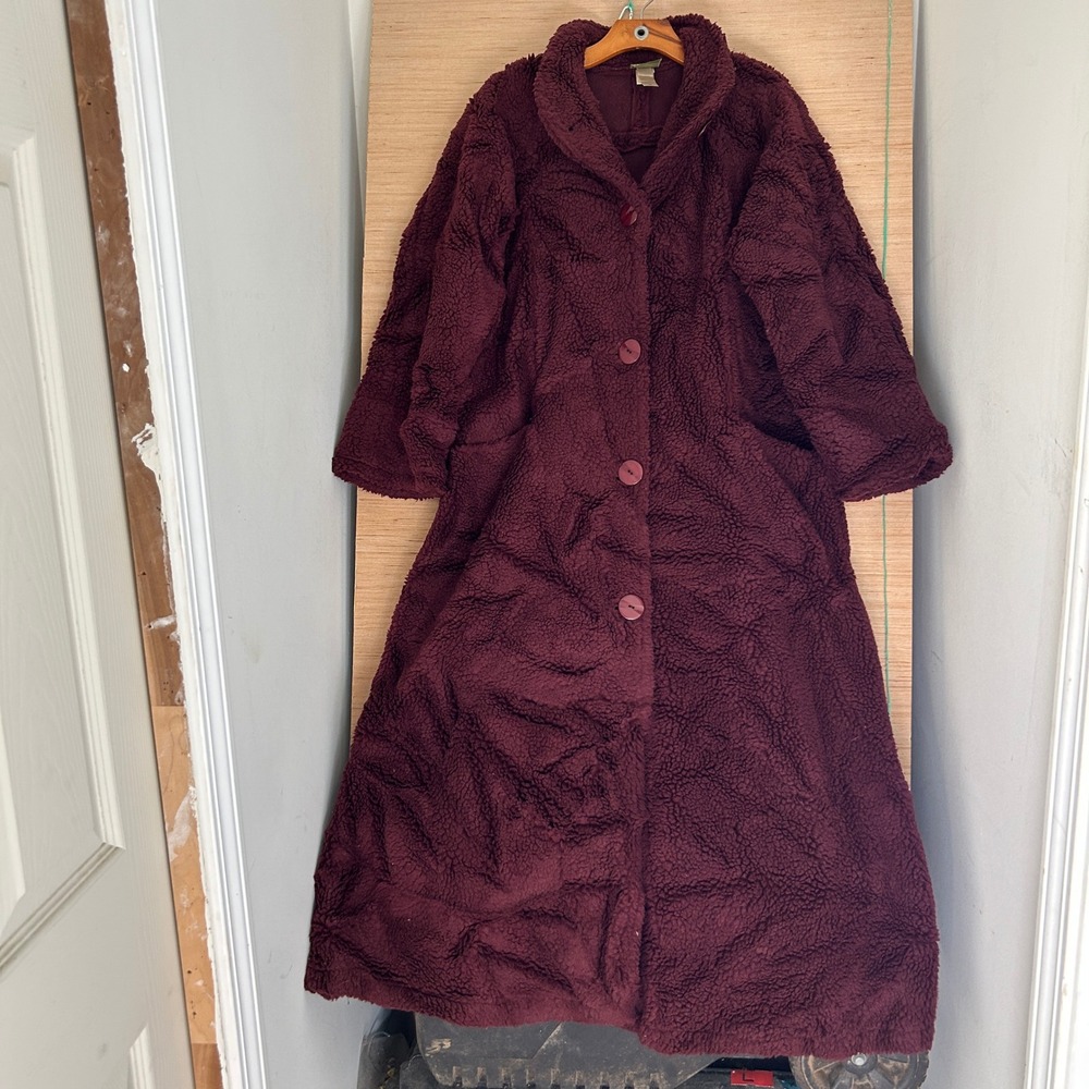Maralyce Ferree Burgundy Fleece Long Coat Button Front Shawl Collar Size M
